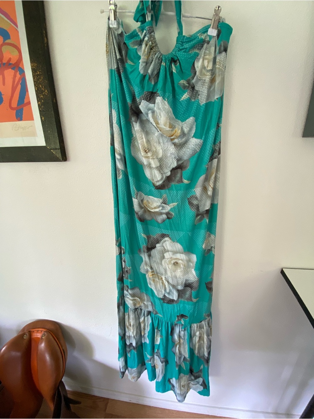 Hula Tease Hawaii Turquoise Floral Halter Maxi Dress